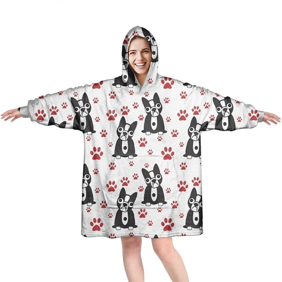Wearable Oversized Blanket,Boston Terrier Puppy Dog Wearable Blanket Hoodie for Adults,Cozy Hooded Blankets with Super Pockets,Super Warm Fuzzy Pullover for Women & Men