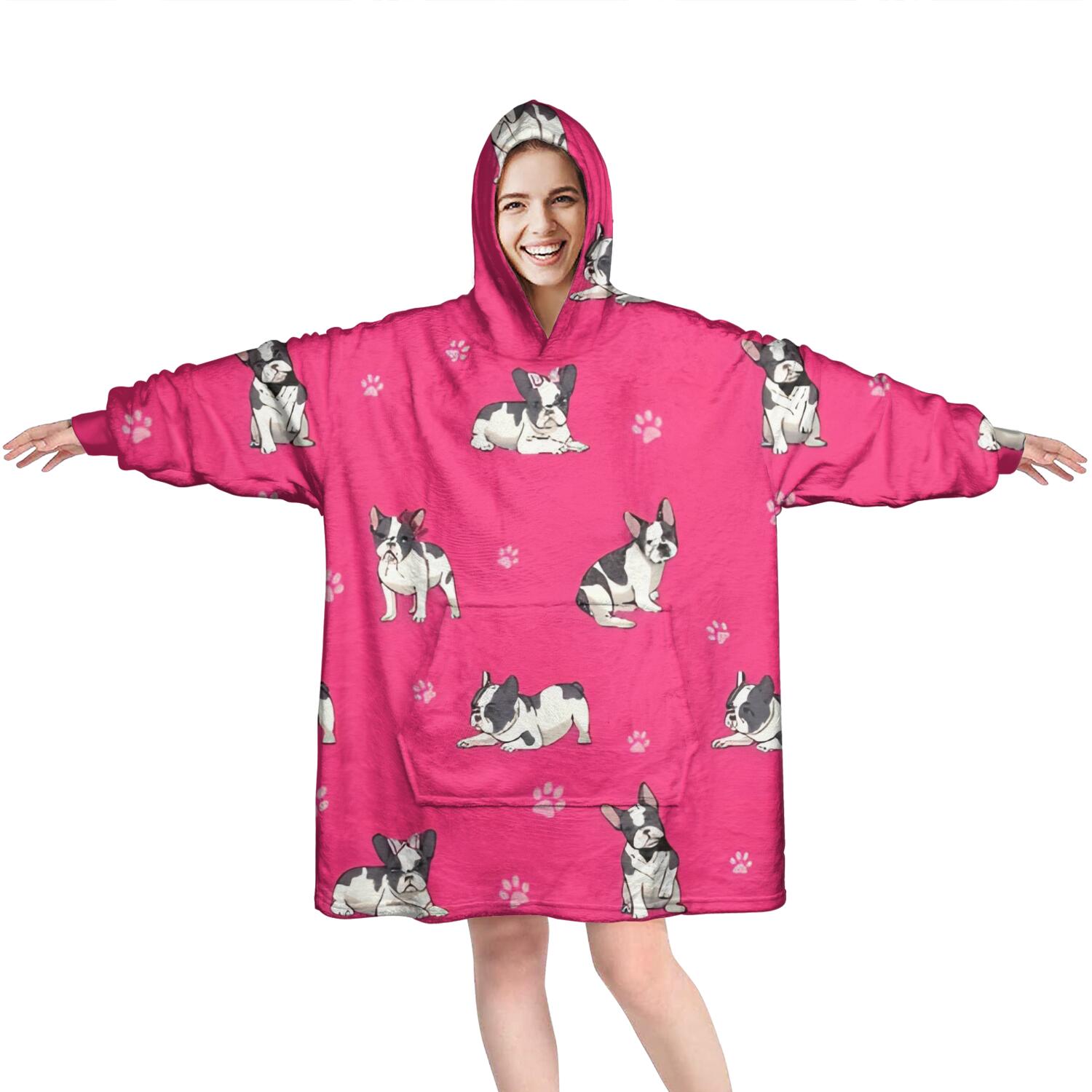 Wearable Oversized Blanket,Boston Terrier on Red Background Wearable Blanket Hoodie for Adults,Cozy Hooded Blankets with Super Pockets,Super Warm Fuzzy Pullover for Women & Men