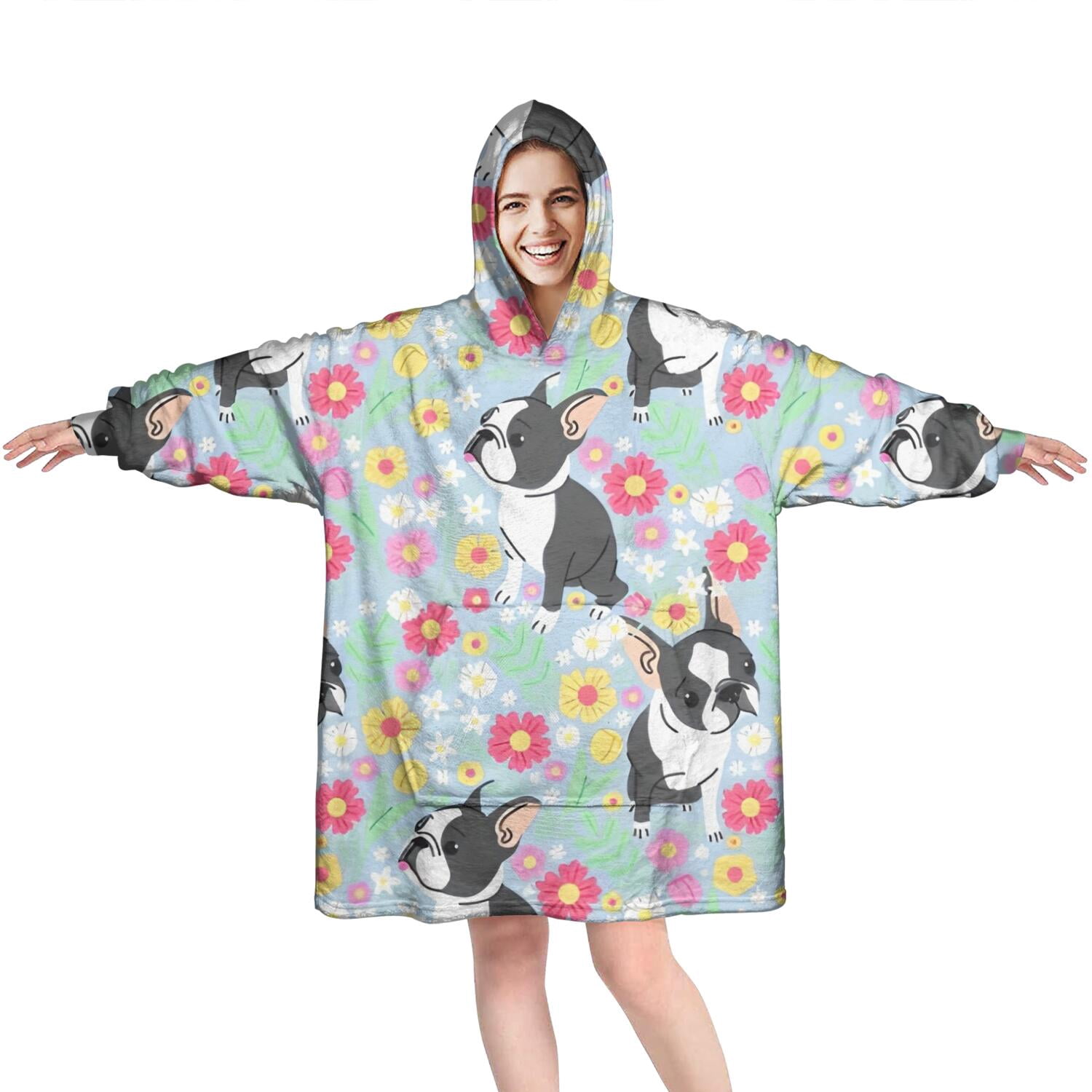 Wearable Oversized Blanket,Boston Terriers and Flowers Wearable Blanket Hoodie for Adults,Cozy Hooded Blankets with Super Pockets,Super Warm Fuzzy Pullover for Women & Men