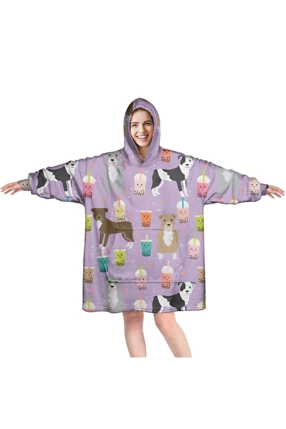 Wearable Oversized Blanket,Boxer Dog Pitbull Terriers Dog and Drinks Wearable Blanket Hoodie for Adults,Cozy Hooded Blankets with Super Pockets,Super Warm Fuzzy Pullover for Women & Men