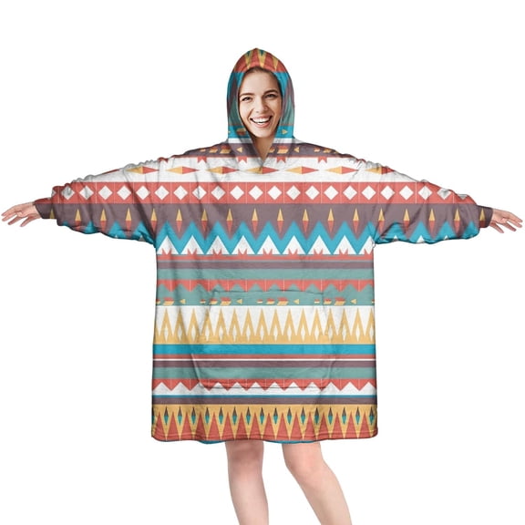 Wearable Oversized Blanket,Bright Tribal Striped Pattern Wearable Blanket Hoodie for Adults,Cozy Hooded Blankets with Super Pockets,Super Warm Fuzzy Pullover for Women & Men