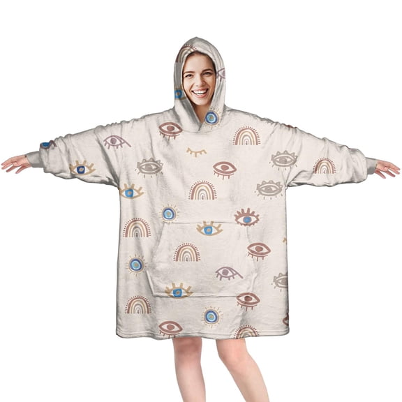 Wearable Oversized Blanket,Brown Boho Eye and Rainbow Pattern Wearable Blanket Hoodie for Adults,Cozy Hooded Blankets with Super Pockets,Super Warm Fuzzy Pullover for Women & Men