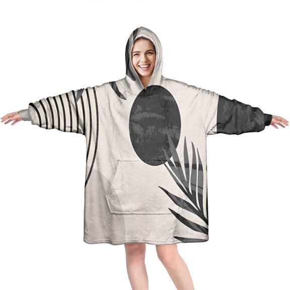 Wearable Oversized Blanket,Brown Boho Geometric and Plant Pattern Wearable Blanket Hoodie for Adults,Cozy Hooded Blankets with Super Pockets,Super Warm Fuzzy Pullover for Women & Men