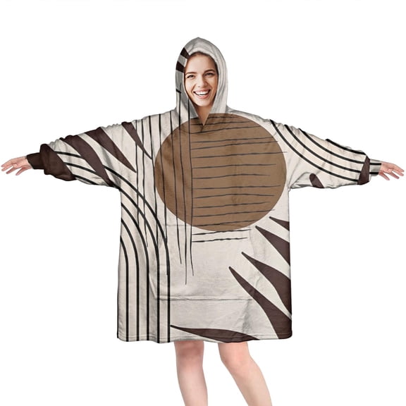 Wearable Oversized Blanket,Brown Boho Geometric and Plant Pattern Wearable Blanket Hoodie for Adults,Cozy Hooded Blankets with Super Pockets,Super Warm Fuzzy Pullover for Women & Men