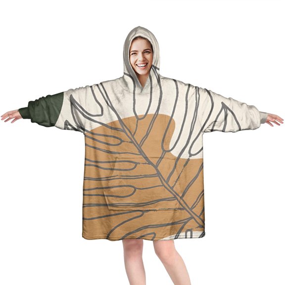 Wearable Oversized Blanket,Brown Boho Line Art Plant Pattern Wearable Blanket Hoodie for Adults,Cozy Hooded Blankets with Super Pockets,Super Warm Fuzzy Pullover for Women & Men