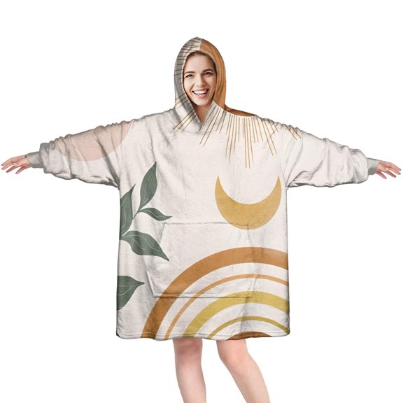 Wearable Oversized Blanket,Brown Boho Sun, Moon and Plant Pattern Wearable Blanket Hoodie for Adults,Cozy Hooded Blankets with Super Pockets,Super Warm Fuzzy Pullover for Women & Men