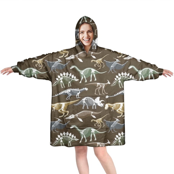 Wearable Oversized Blanket,Brown Colorful Dinosaurs Fossils Pattern Wearable Blanket Hoodie for Adults,Cozy Hooded Blankets with Super Pockets,Super Warm Fuzzy Pullover for Women & Men