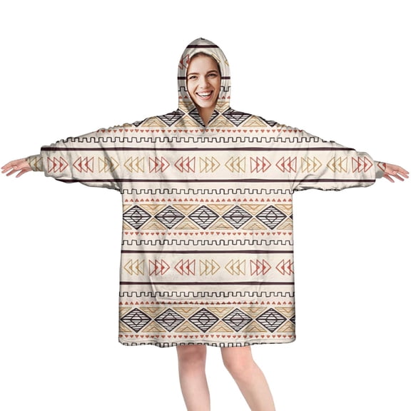 Wearable Oversized Blanket,Brown Geometric Striped Pattern Wearable Blanket Hoodie for Adults,Cozy Hooded Blankets with Super Pockets,Super Warm Fuzzy Pullover for Women & Men