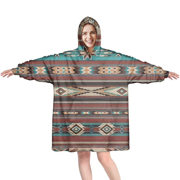 Wearable Oversized Blanket,Brown Geometric Triangle Diamond Pattern Wearable Blanket Hoodie for Adults,Cozy Hooded Blankets with Super Pockets,Super Warm Fuzzy Pullover for Women & Men