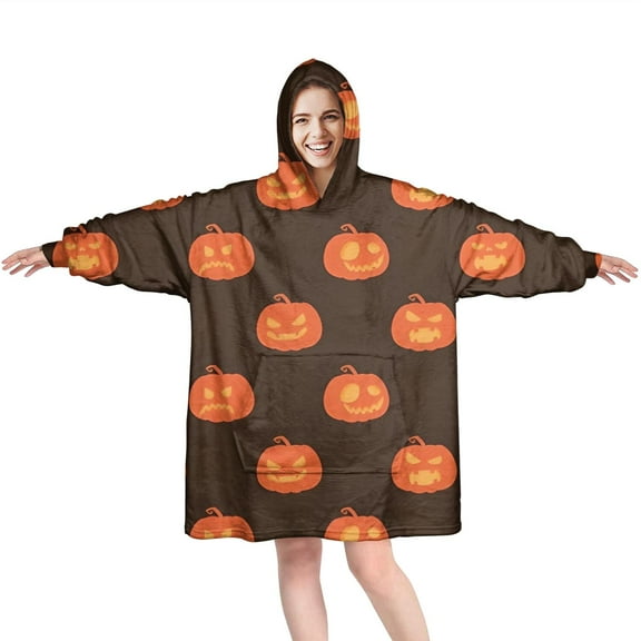 Wearable Oversized Blanket,Brown Halloween Pumpkin Faces Wearable Blanket Hoodie for Adults,Cozy Hooded Blankets with Super Pockets,Super Warm Fuzzy Pullover for Women & Men