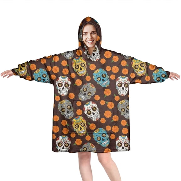 Wearable Oversized Blanket,Brown Skull Marigold Pattern Wearable Blanket Hoodie for Adults,Cozy Hooded Blankets with Super Pockets,Super Warm Fuzzy Pullover for Women & Men