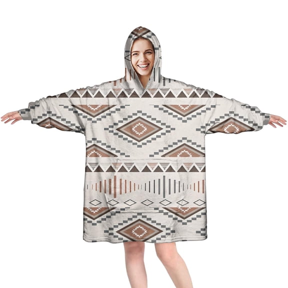 Wearable Oversized Blanket,Brown Triangular Geometric Pattern Wearable Blanket Hoodie for Adults,Cozy Hooded Blankets with Super Pockets,Super Warm Fuzzy Pullover for Women & Men