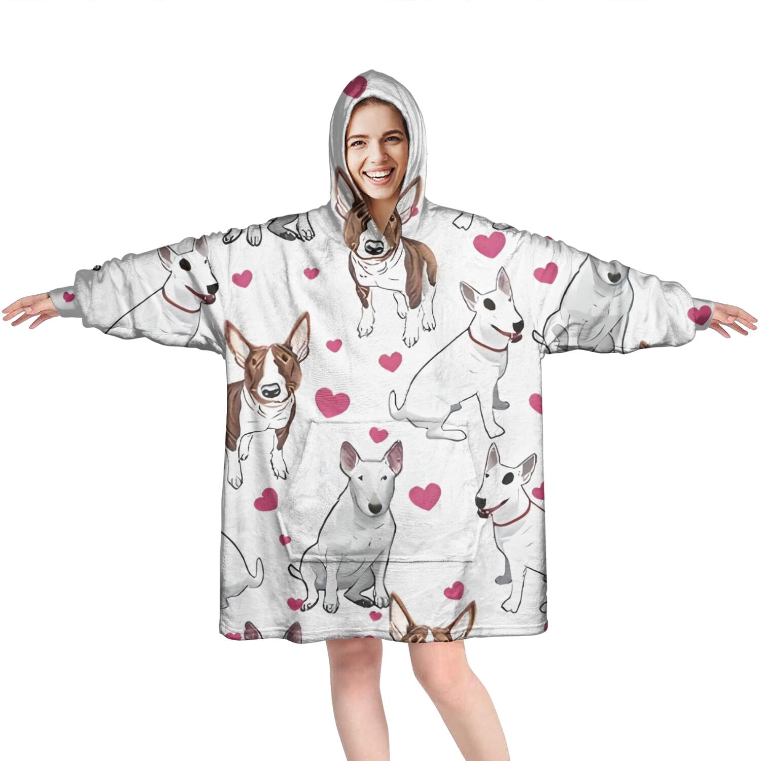 Wearable Oversized Blanket,Bull Terriers and Hearts Wearable Blanket Hoodie for Adults,Cozy Hooded Blankets with Super Pockets,Super Warm Fuzzy Pullover for Women & Men
