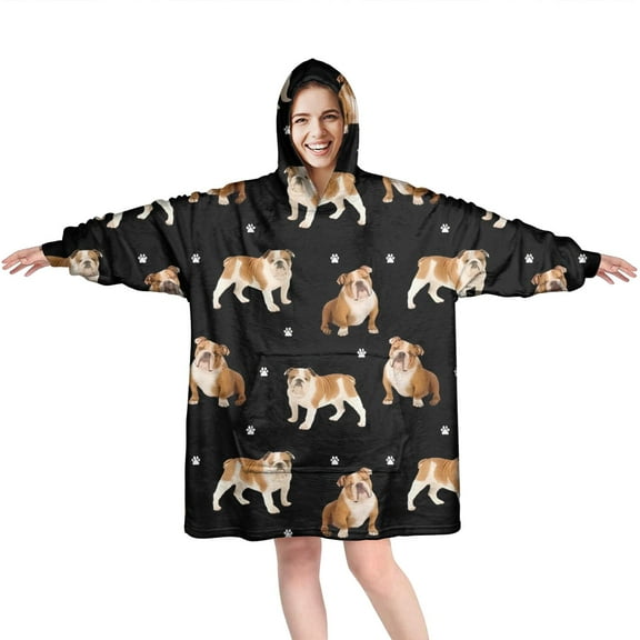 Wearable Oversized Blanket,Bulldog Dog and Footprints Wearable Blanket Hoodie for Adults,Cozy Hooded Blankets with Super Pockets,Super Warm Fuzzy Pullover for Women & Men