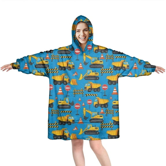 Wearable Oversized Blanket,Cartoon Construction Vehicles Barriers Wearable Blanket Hoodie for Adults,Cozy Hooded Blankets with Super Pockets,Super Warm Fuzzy Pullover for Women & Men