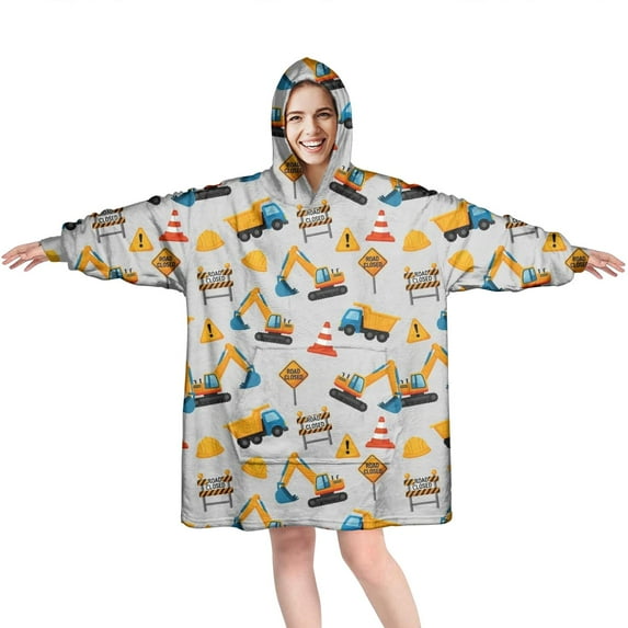 Wearable Oversized Blanket,Cartoon Construction Vehicles Barriers Wearable Blanket Hoodie for Adults,Cozy Hooded Blankets with Super Pockets,Super Warm Fuzzy Pullover for Women & Men