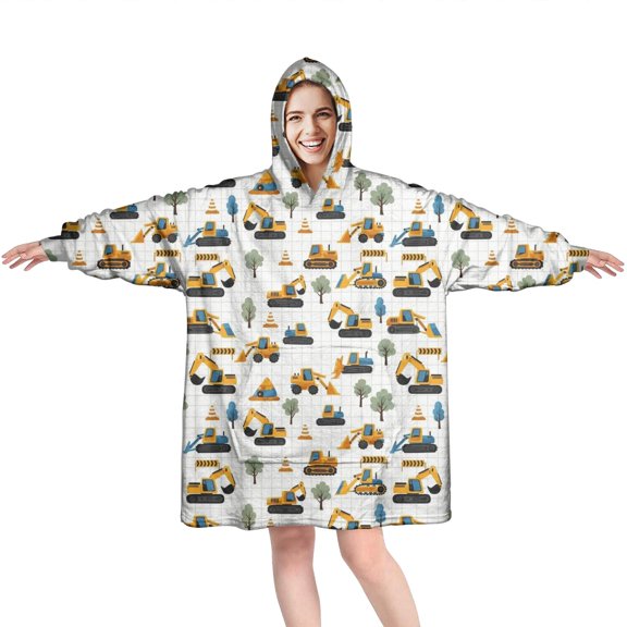 Wearable Oversized Blanket,Cartoon Construction Vehicles Trees White Pattern Wearable Blanket Hoodie for Adults,Cozy Hooded Blankets with Super Pockets,Super Warm Fuzzy Pullover for Women & Men