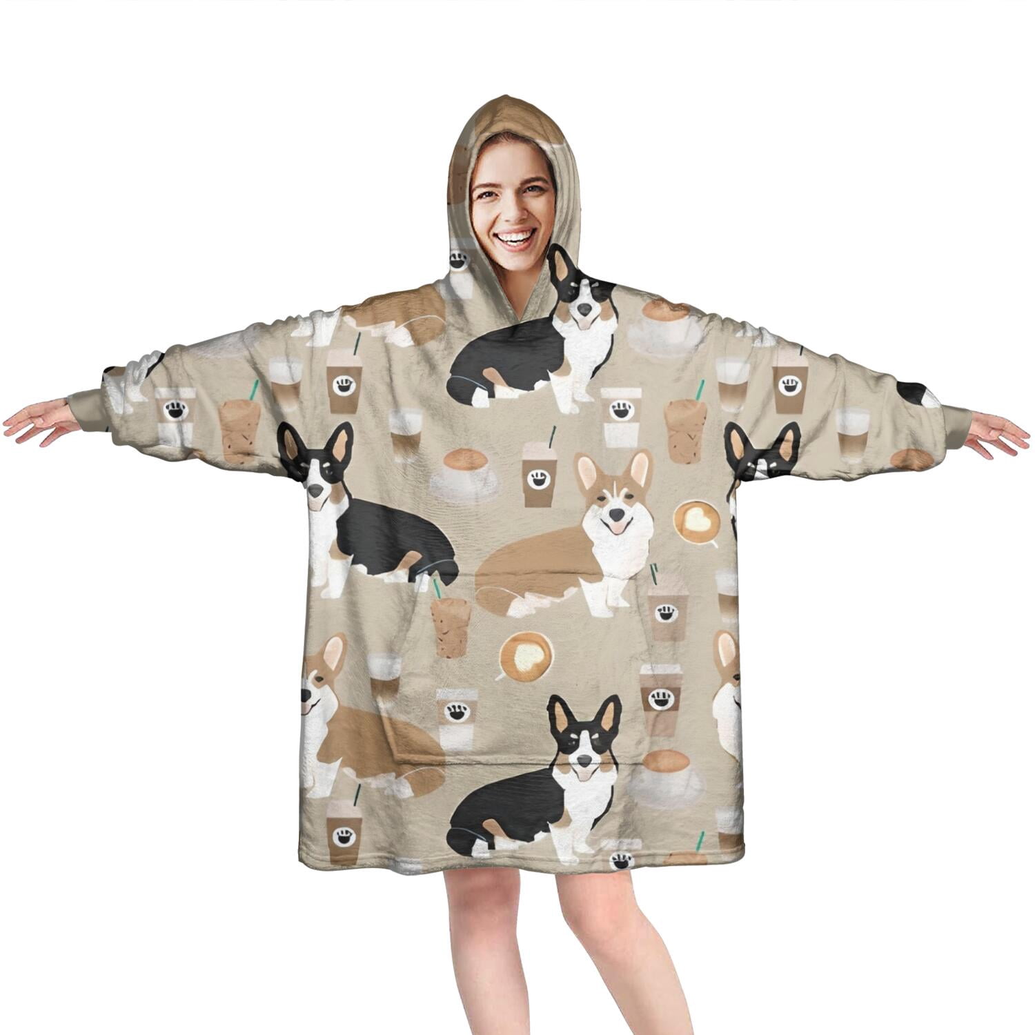 Wearable Oversized Blanket,Cartoon Corgi and Coffee Wearable Blanket Hoodie for Adults,Cozy Hooded Blankets with Super Pockets,Super Warm Fuzzy Pullover for Women & Men