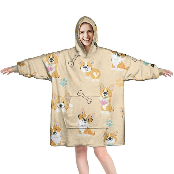 Wearable Oversized Blanket,Cartoon Corgi Wearable Blanket Hoodie for Adults,Cozy Hooded Blankets with Super Pockets,Super Warm Fuzzy Pullover for Women & Men