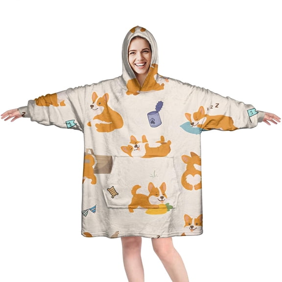 Wearable Oversized Blanket,Cartoon Corgi Wearable Blanket Hoodie for Adults,Cozy Hooded Blankets with Super Pockets,Super Warm Fuzzy Pullover for Women & Men