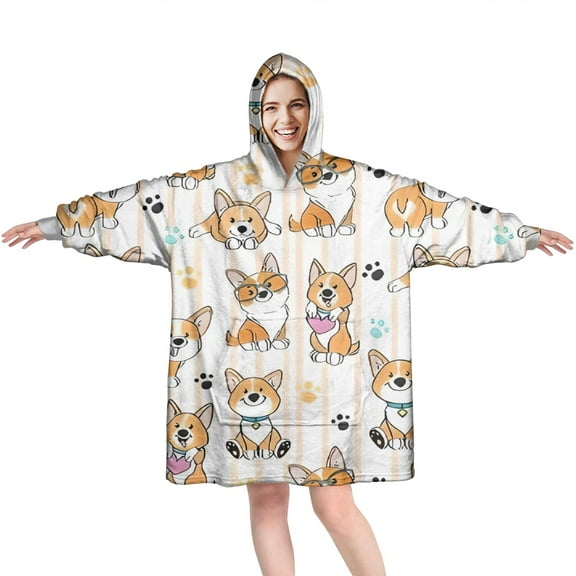 Wearable Oversized Blanket,Cartoon Corgi Wearable Blanket Hoodie for Adults,Cozy Hooded Blankets with Super Pockets,Super Warm Fuzzy Pullover for Women & Men