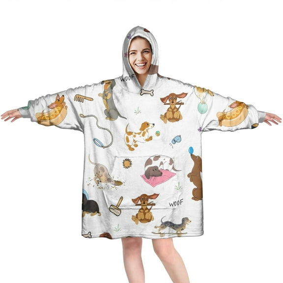 Wearable Oversized Blanket,Cartoon Dachshund Wearable Blanket Hoodie for Adults,Cozy Hooded Blankets with Super Pockets,Super Warm Fuzzy Pullover for Women & Men