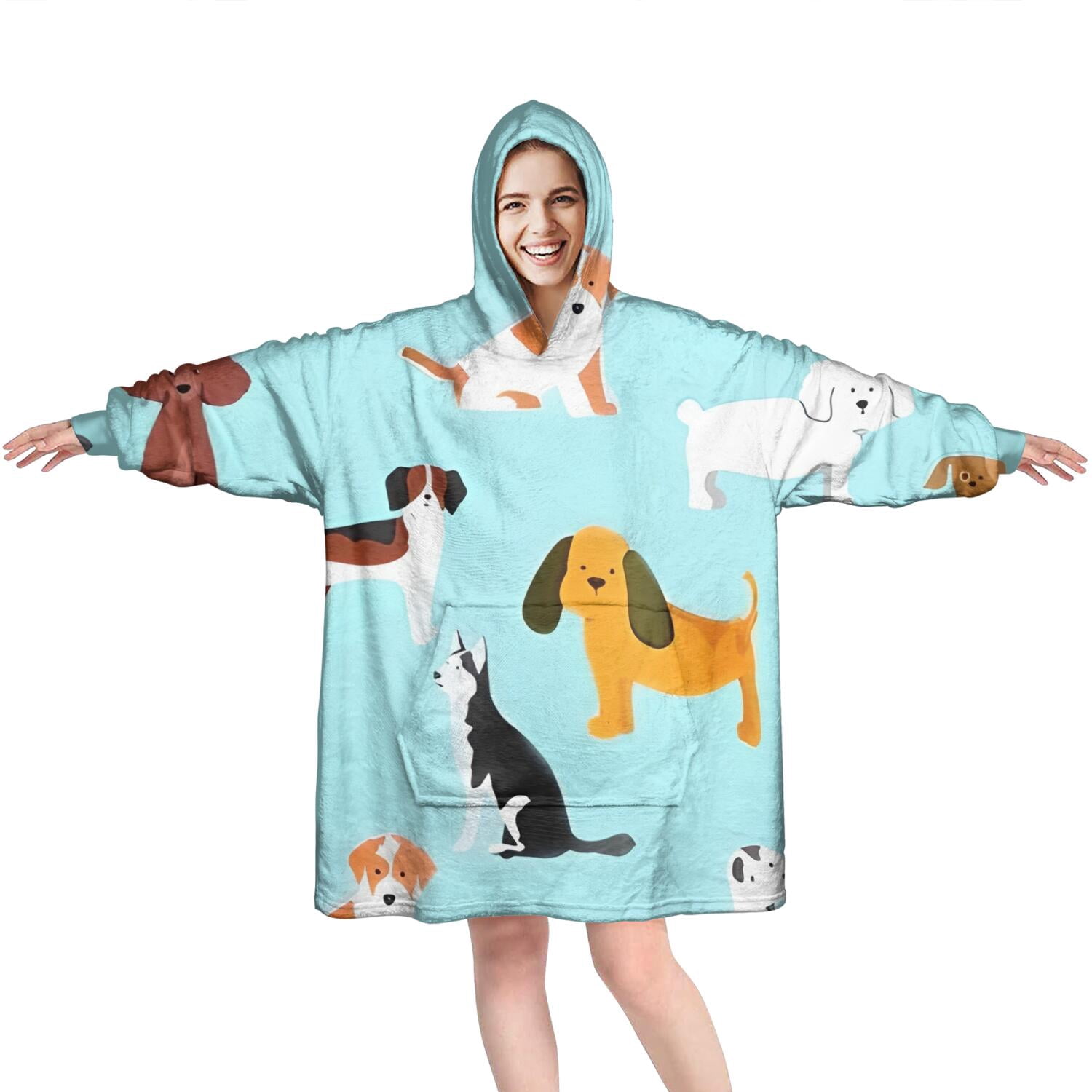 Wearable Oversized Blanket,Cartoon Dog Wearable Blanket Hoodie for Adults,Cozy Hooded Blankets with Super Pockets,Super Warm Fuzzy Pullover for Women & Men