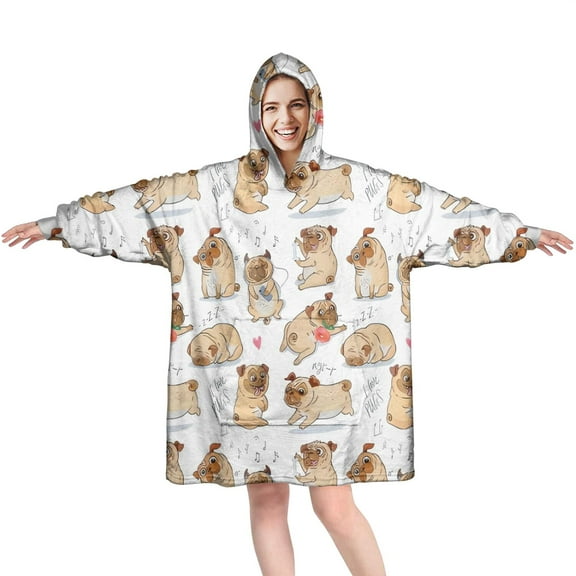 Wearable Oversized Blanket,Cartoon Pug and Heart Wearable Blanket Hoodie for Adults,Cozy Hooded Blankets with Super Pockets,Super Warm Fuzzy Pullover for Women & Men
