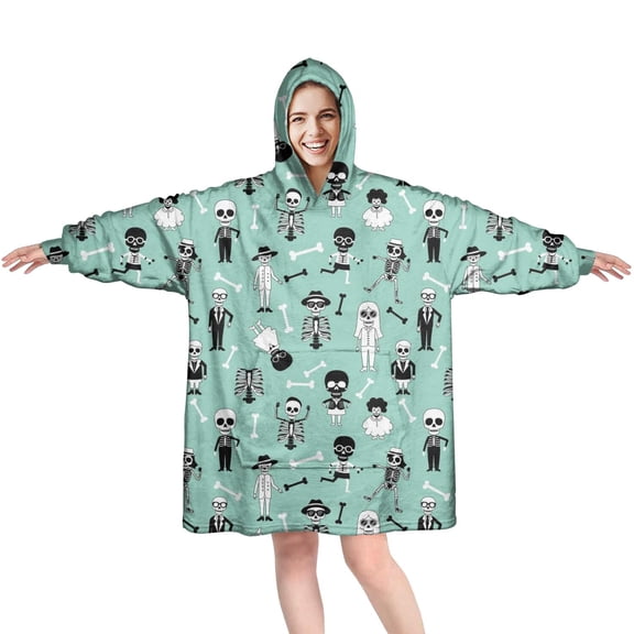 Wearable Oversized Blanket,Cartoon Skull Pattern Wearable Blanket Hoodie for Adults,Cozy Hooded Blankets with Super Pockets,Super Warm Fuzzy Pullover for Women & Men