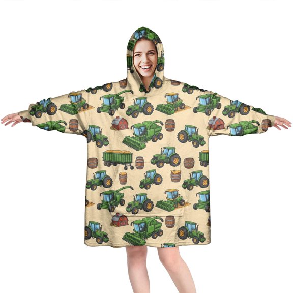 Wearable Oversized Blanket,Cartoon Tractors Barns Beige Pattern Wearable Blanket Hoodie for Adults,Cozy Hooded Blankets with Super Pockets,Super Warm Fuzzy Pullover for Women & Men