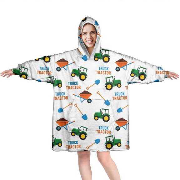 Wearable Oversized Blanket,Cartoon Tractors Wheelbarrows White Pattern Wearable Blanket Hoodie for Adults,Cozy Hooded Blankets with Super Pockets,Super Warm Fuzzy Pullover for Women & Men