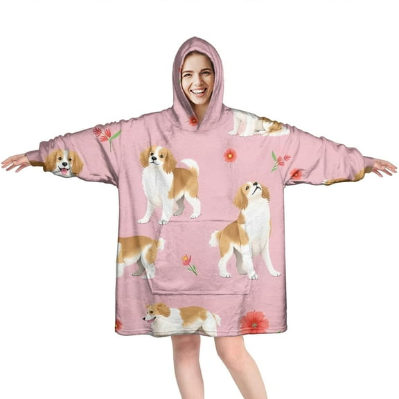 Wearable Oversized Blanket,Cavalier King Charles Spaniels and Flowers Wearable Blanket Hoodie for Adults,Cozy Hooded Blankets with Super Pockets,Super Warm Fuzzy Pullover for Women & Men