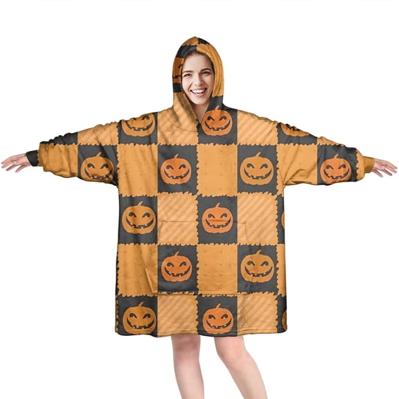 Wearable Oversized Blanket,Checkered Pumpkin Halloween Pattern Wearable Blanket Hoodie for Adults,Cozy Hooded Blankets with Super Pockets,Super Warm Fuzzy Pullover for Women & Men
