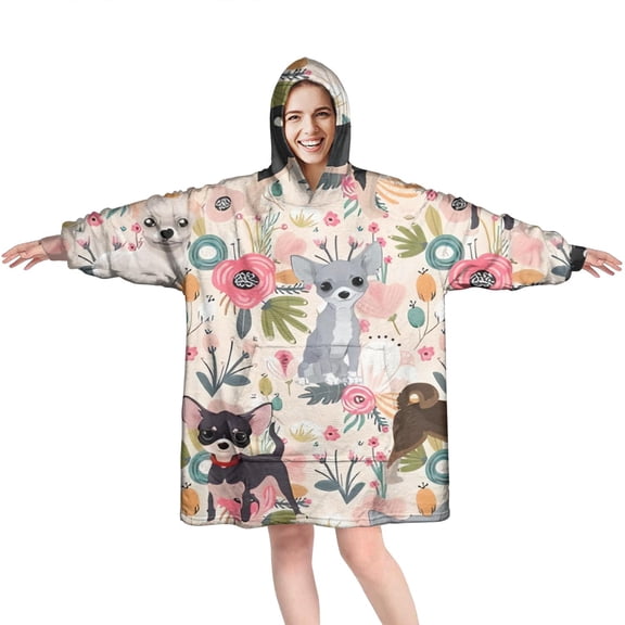 Wearable Oversized Blanket,Chihuahua and Pioneer Flower Wearable Blanket Hoodie for Adults,Cozy Hooded Blankets with Super Pockets,Super Warm Fuzzy Pullover for Women & Men