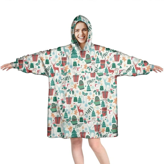 Wearable Oversized Blanket,Christmas Gift and Deer Pattern Wearable Blanket Hoodie for Adults,Cozy Hooded Blankets with Super Pockets,Super Warm Fuzzy Pullover for Women & Men