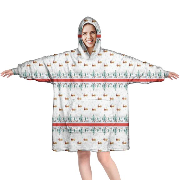 Wearable Oversized Blanket,Christmas Tree and Bird Pattern Wearable Blanket Hoodie for Adults,Cozy Hooded Blankets with Super Pockets,Super Warm Fuzzy Pullover for Women & Men