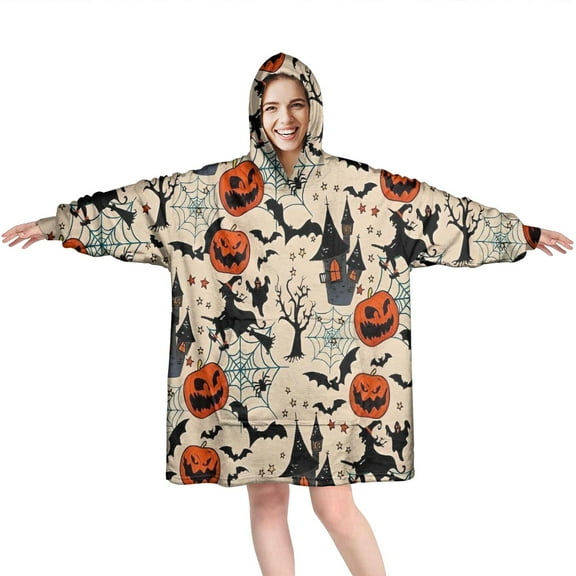 Wearable Oversized Blanket,Classic Halloween Pattern Wearable Blanket Hoodie for Adults,Cozy Hooded Blankets with Super Pockets,Super Warm Fuzzy Pullover for Women & Men