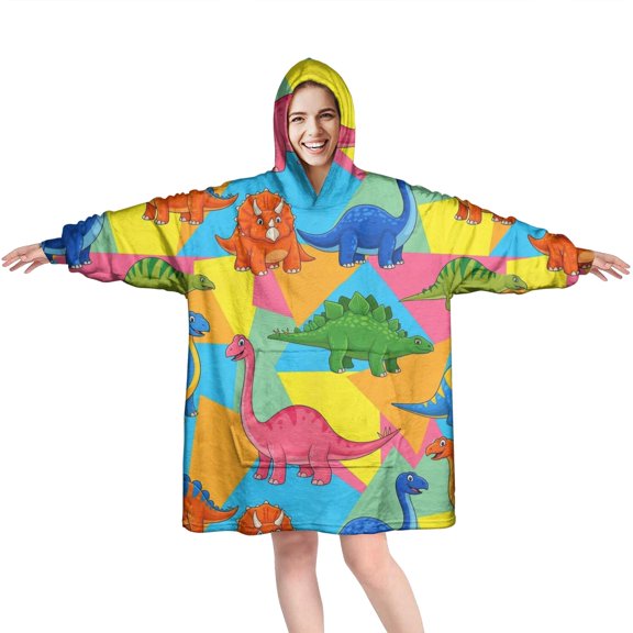 Wearable Oversized Blanket,Colorful Cartoon Dinosaurs Geometric Pattern Wearable Blanket Hoodie for Adults,Cozy Hooded Blankets with Super Pockets,Super Warm Fuzzy Pullover for Women & Men