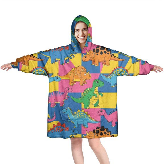 Wearable Oversized Blanket,Colorful Cartoon Dinosaurs Geometric Pattern Wearable Blanket Hoodie for Adults,Cozy Hooded Blankets with Super Pockets,Super Warm Fuzzy Pullover for Women & Men