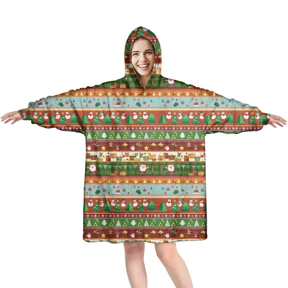 Wearable Oversized Blanket,Colorful Christmas Striped Pattern Wearable Blanket Hoodie for Adults,Cozy Hooded Blankets with Super Pockets,Super Warm Fuzzy Pullover for Women & Men