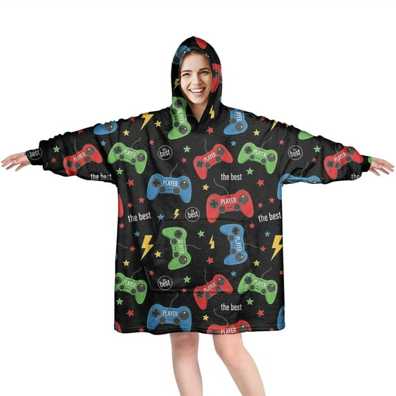 Wearable Oversized Blanket,Colorful Controllers Games Black Pattern Wearable Blanket Hoodie for Adults,Cozy Hooded Blankets with Super Pockets,Super Warm Fuzzy Pullover for Women & Men