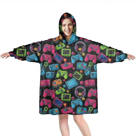 Wearable Oversized Blanket,Colorful Controllers Games Devices Black Pattern Wearable Blanket Hoodie for Adults,Cozy Hooded Blankets with Super Pockets,Super Warm Fuzzy Pullover for Women & Men