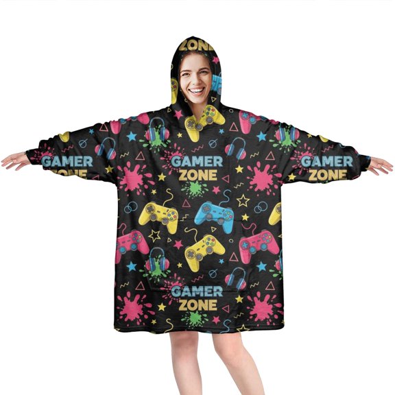 Wearable Oversized Blanket,Colorful Controllers Games Icons Black Pattern Wearable Blanket Hoodie for Adults,Cozy Hooded Blankets with Super Pockets,Super Warm Fuzzy Pullover for Women & Men