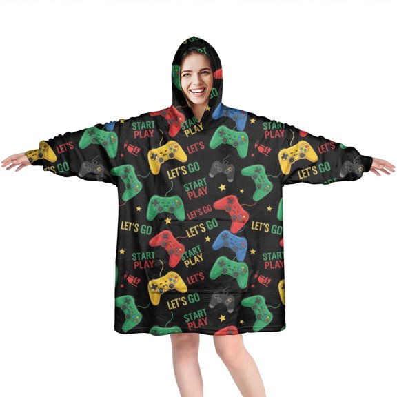Wearable Oversized Blanket,Colorful Controllers Games Icons Black Pattern Wearable Blanket Hoodie for Adults,Cozy Hooded Blankets with Super Pockets,Super Warm Fuzzy Pullover for Women & Men