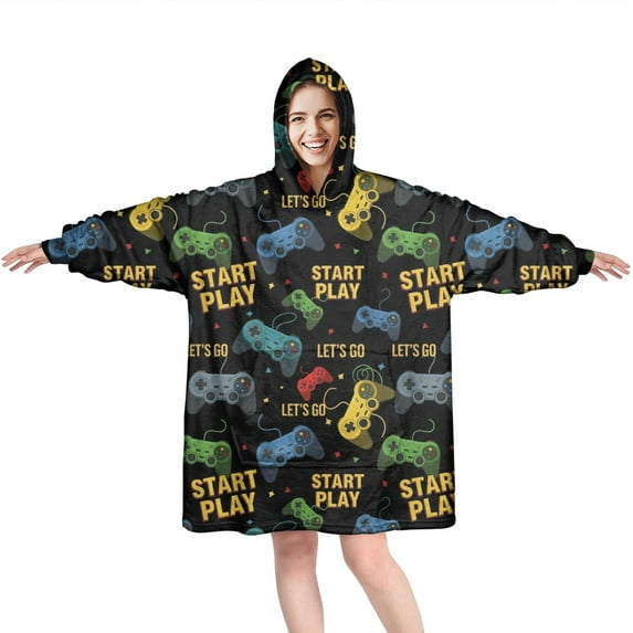 Wearable Oversized Blanket,Colorful Controllers Games Texts Black Pattern Wearable Blanket Hoodie for Adults,Cozy Hooded Blankets with Super Pockets,Super Warm Fuzzy Pullover for Women & Men