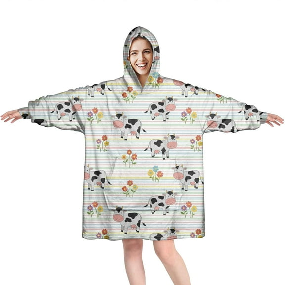 Wearable Oversized Blanket,Colorful Cow Flower Pattern Wearable Blanket Hoodie for Adults,Cozy Hooded Blankets with Super Pockets,Super Warm Fuzzy Pullover for Women & Men