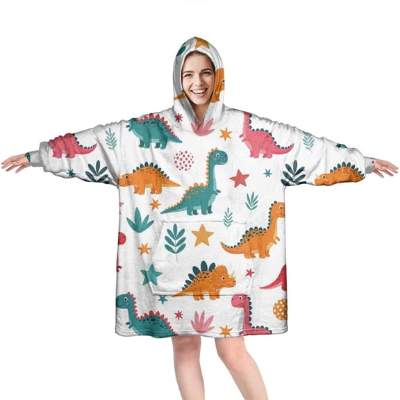 Wearable Oversized Blanket,Colorful Dinosaur Pattern with Stars and Shapes Wearable Blanket Hoodie for Adults,Cozy Hooded Blankets with Super Pockets,Super Warm Fuzzy Pullover for Women & Men