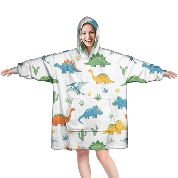 Wearable Oversized Blanket,Colorful Dinosaurs Cacti Pattern Wearable Blanket Hoodie for Adults,Cozy Hooded Blankets with Super Pockets,Super Warm Fuzzy Pullover for Women & Men