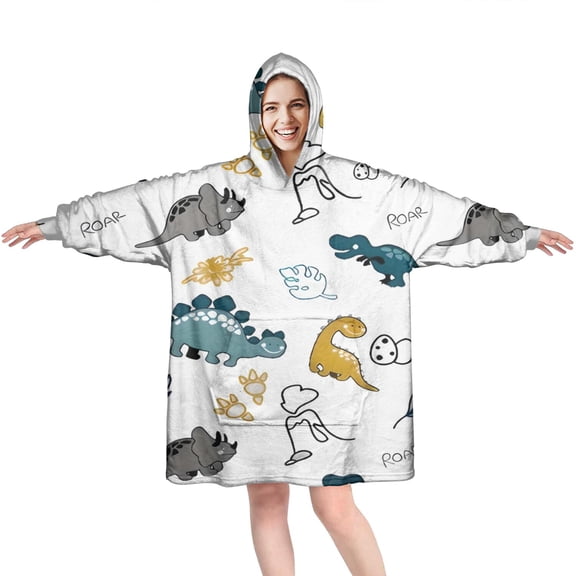Wearable Oversized Blanket,Colorful Dinosaurs Eggs Leaves Pattern Wearable Blanket Hoodie for Adults,Cozy Hooded Blankets with Super Pockets,Super Warm Fuzzy Pullover for Women & Men