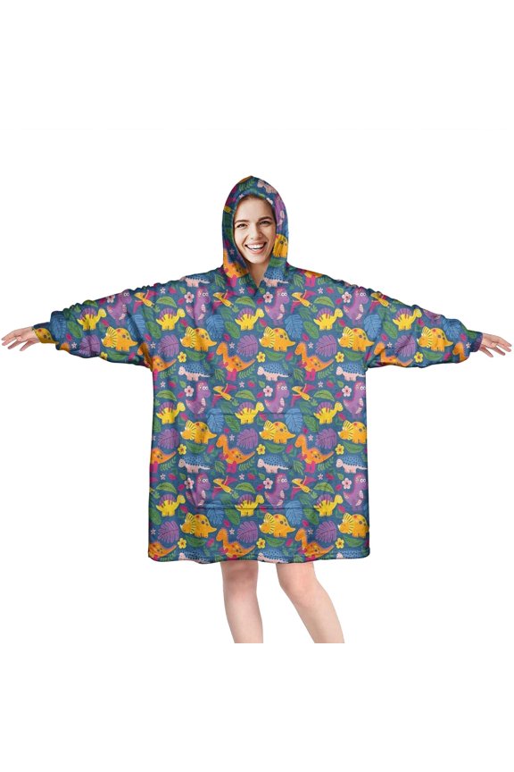 Wearable Oversized Blanket,Colorful Dinosaurs Floral Motifs Pattern Wearable Blanket Hoodie for Adults,Cozy Hooded Blankets with Super Pockets,Super Warm Fuzzy Pullover for Women & Men